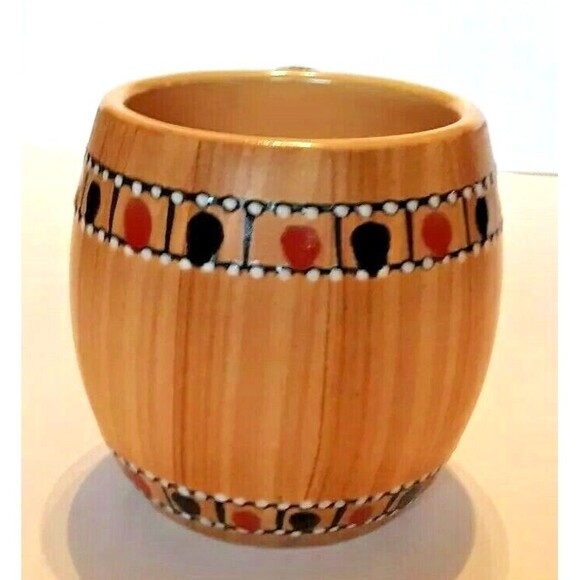 Wood Grain Look Ceramic Mug  Lines Dots Black Handle Coffee Tea Cocoa MCM Vtg - Picture 2 of 7